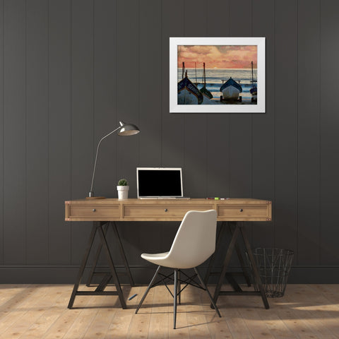 Boats by Sunset White Modern Wood Framed Art Print by Medeiros, Celito