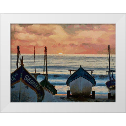 Boats by Sunset White Modern Wood Framed Art Print by Medeiros, Celito