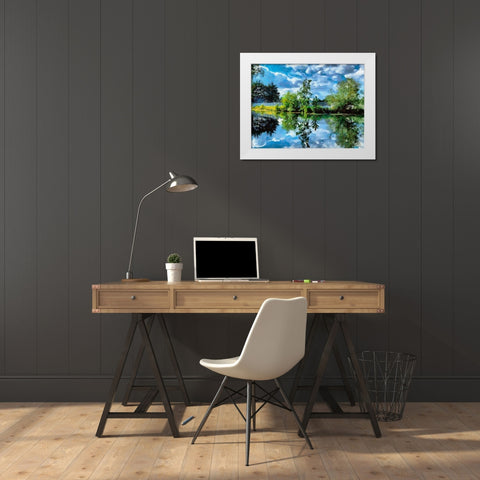 Mirrored Trees in Lake White Modern Wood Framed Art Print by Medeiros, Celito