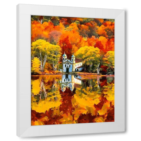 Churche by the Lake in Autumn White Modern Wood Framed Art Print by Medeiros, Celito