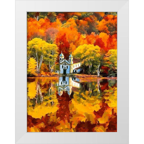 Churche by the Lake in Autumn White Modern Wood Framed Art Print by Medeiros, Celito