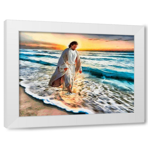 Jesus walking on the Beach White Modern Wood Framed Art Print by Medeiros, Celito