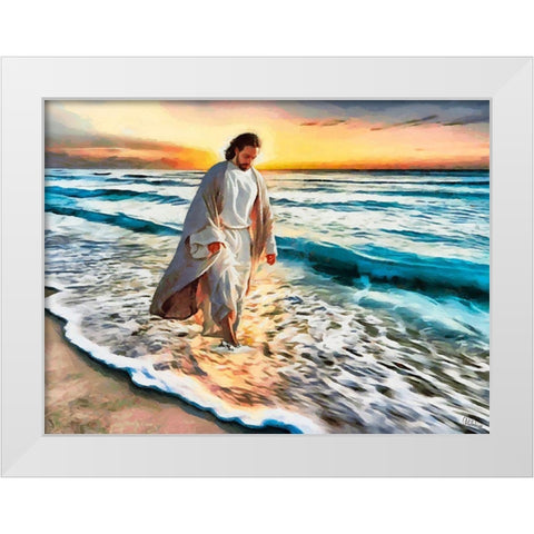 Jesus walking on the Beach White Modern Wood Framed Art Print by Medeiros, Celito
