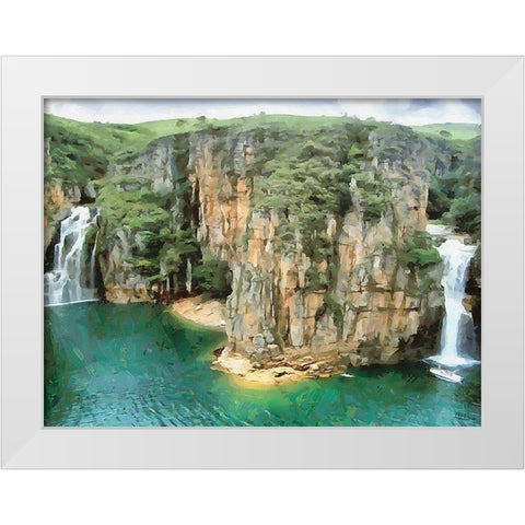Two Wattefalls near a Rock White Modern Wood Framed Art Print by Medeiros, Celito