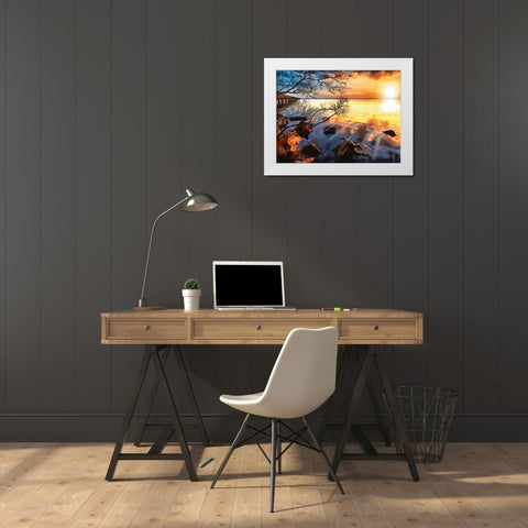 Sunset over the Lake White Modern Wood Framed Art Print by Medeiros, Celito