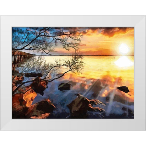 Sunset over the Lake White Modern Wood Framed Art Print by Medeiros, Celito