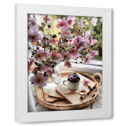 Pink Flowers with Blueberries White Modern Wood Framed Art Print by Medeiros, Celito