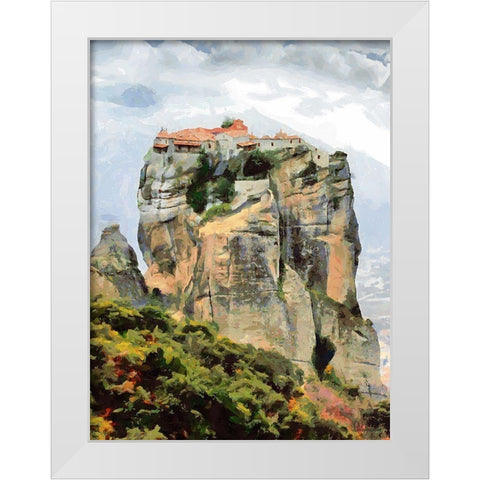 Meteora in Greece White Modern Wood Framed Art Print by Medeiros, Celito