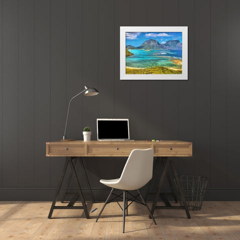 Blue Bay with Mountains White Modern Wood Framed Art Print by Medeiros, Celito