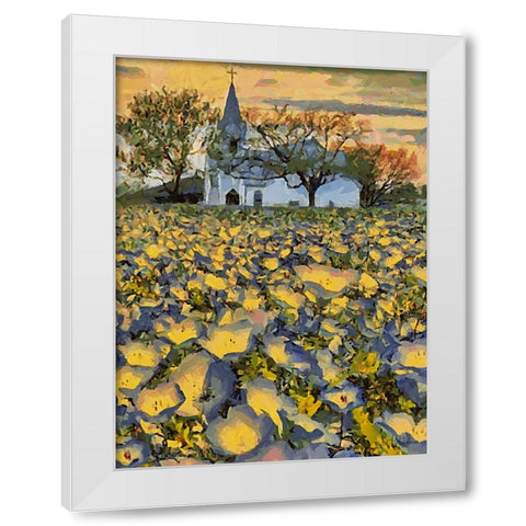 White Church behind a Filed with Flowers White Modern Wood Framed Art Print by Medeiros, Celito