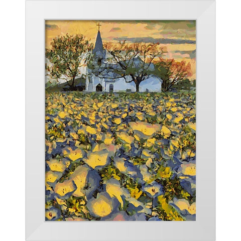 White Church behind a Filed with Flowers White Modern Wood Framed Art Print by Medeiros, Celito