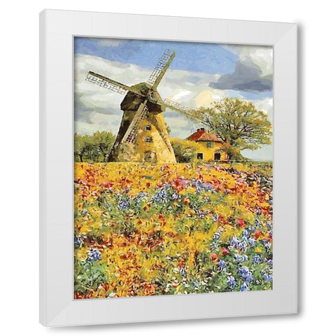 Windmill behind a Filed with Flowers White Modern Wood Framed Art Print by Medeiros, Celito