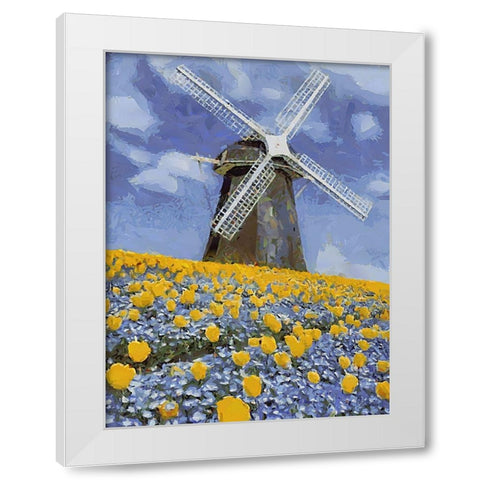 Windmill behind a Filed with Flowers White Modern Wood Framed Art Print by Medeiros, Celito