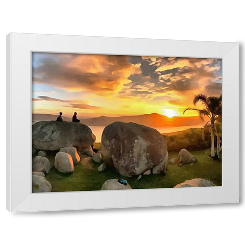 Coupple on the Rock by Sunset White Modern Wood Framed Art Print by Medeiros, Celito