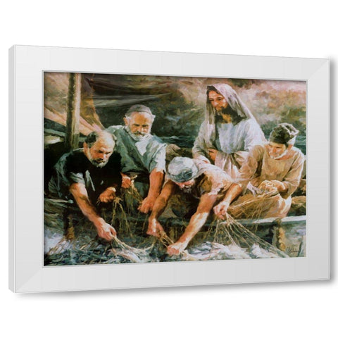 Jesus with Fishers White Modern Wood Framed Art Print by Medeiros, Celito