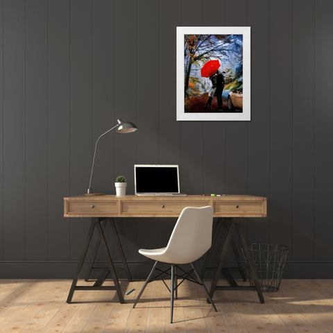 A Kiss under Red Umbrella White Modern Wood Framed Art Print by Medeiros, Celito