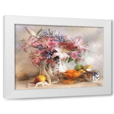 Stilllife with Flowers and Fruits White Modern Wood Framed Art Print by Medeiros, Celito
