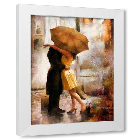 Kiss under brown Umbrella White Modern Wood Framed Art Print by Medeiros, Celito