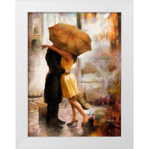 Kiss under brown Umbrella White Modern Wood Framed Art Print by Medeiros, Celito