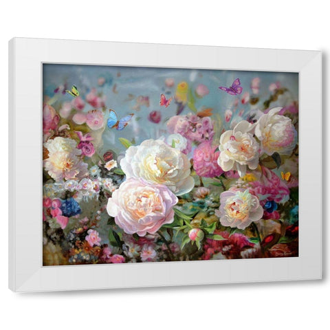Peonies and Butterflies White Modern Wood Framed Art Print by Kopania, Zbigniew