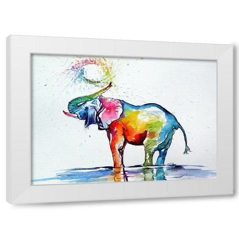 Colorful Elephant Playing White Modern Wood Framed Art Print by Kovacs, Anna Brigite