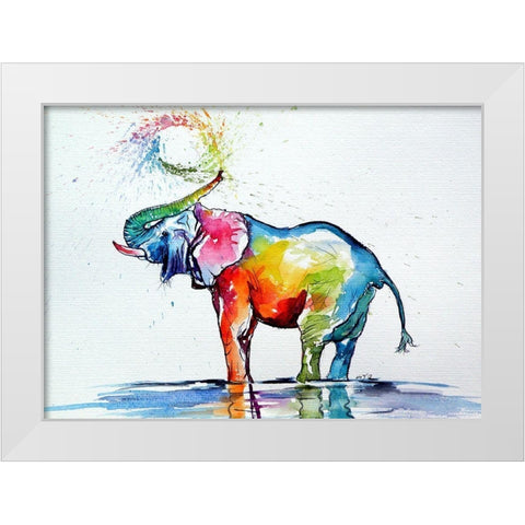 Colorful Elephant Playing White Modern Wood Framed Art Print by Kovacs, Anna Brigite
