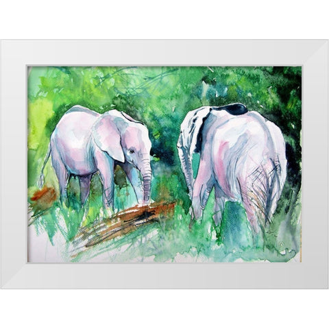 Elephants Meeting White Modern Wood Framed Art Print by Kovacs, Anna Brigite