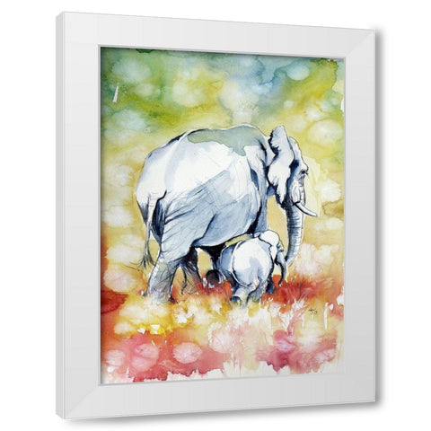 Elephant with Baby White Modern Wood Framed Art Print by Kovacs, Anna Brigite
