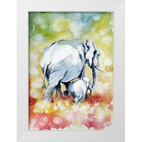 Elephant with Baby White Modern Wood Framed Art Print by Kovacs, Anna Brigite