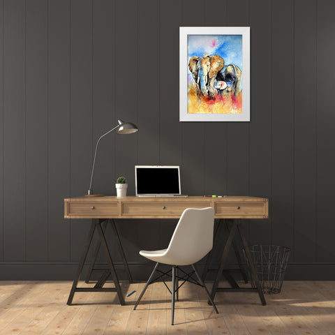 Elephant Family White Modern Wood Framed Art Print by Kovacs, Anna Brigite