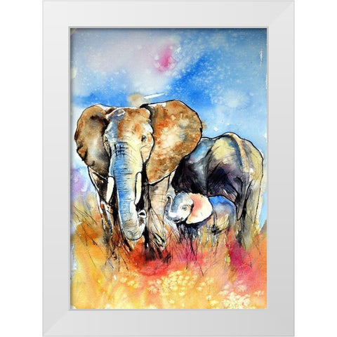Elephant Family White Modern Wood Framed Art Print by Kovacs, Anna Brigite