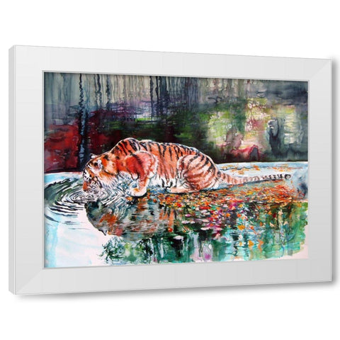 Tiger Drinking White Modern Wood Framed Art Print by Kovacs, Anna Brigite
