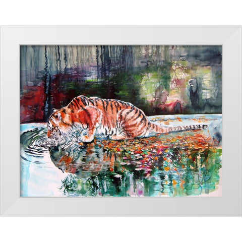 Tiger Drinking White Modern Wood Framed Art Print by Kovacs, Anna Brigite