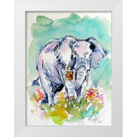 Elephant with Flowers White Modern Wood Framed Art Print by Kovacs, Anna Brigite