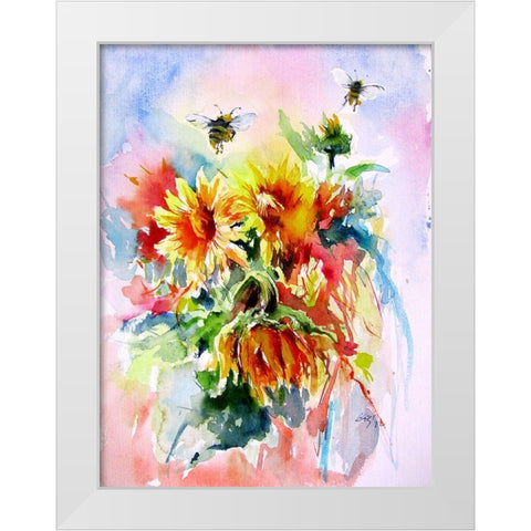 Sunflowers with Bees White Modern Wood Framed Art Print by Kovacs, Anna Brigite
