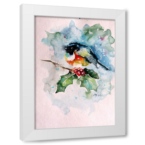 Bird at Snowfall White Modern Wood Framed Art Print by Kovacs, Anna Brigite