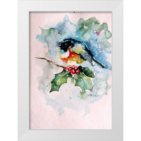 Bird at Snowfall White Modern Wood Framed Art Print by Kovacs, Anna Brigite