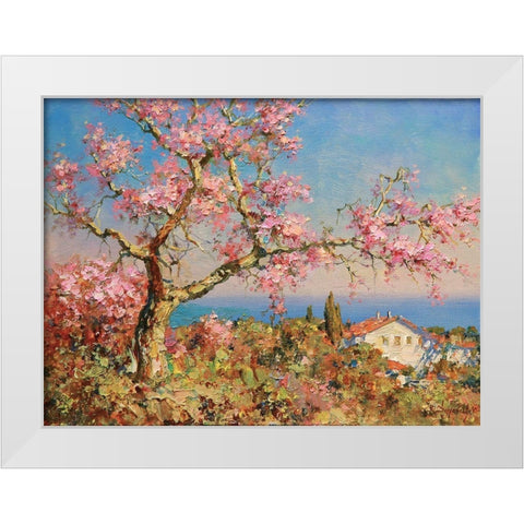 Pink Blossom Tree White Modern Wood Framed Art Print by Obuchovsky, Yury