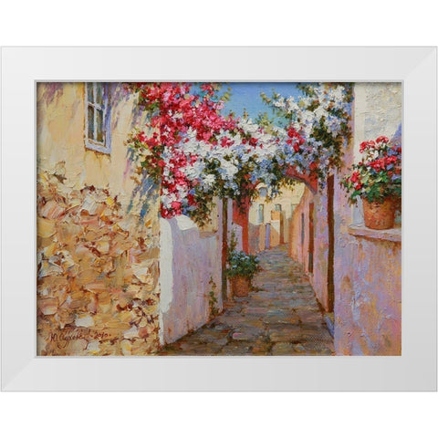 Santorini Street White Modern Wood Framed Art Print by Obuchovsky, Yury