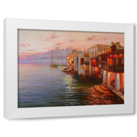 Mikonos. Night Lights White Modern Wood Framed Art Print by Obuchovsky, Yury