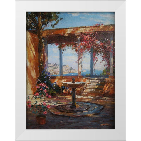 Fountain in Garden  White Modern Wood Framed Art Print by Sviridov, Sergei