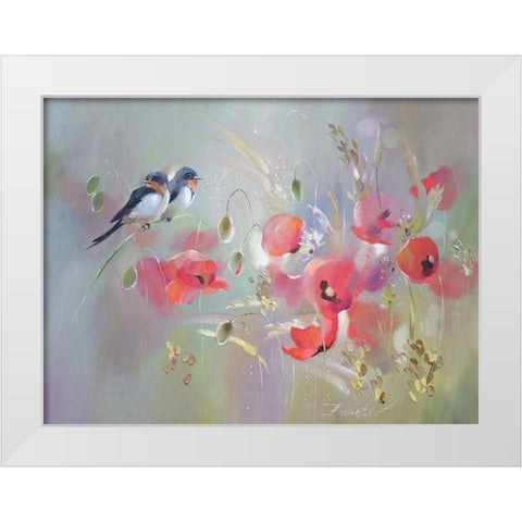 Birds with Red Poppies White Modern Wood Framed Art Print by Zareckaye, Tatiana