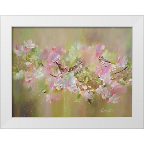 Bird on a pink Branch White Modern Wood Framed Art Print by Zareckaye, Tatiana