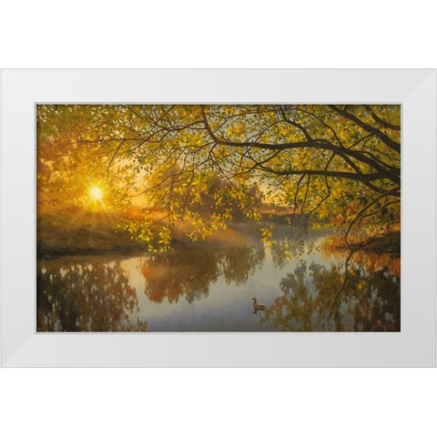 Sunrise above the  River White Modern Wood Framed Art Print by Adamov, Alexey