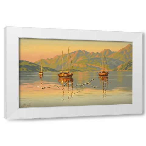 Boats with Seagulls White Modern Wood Framed Art Print by Adamov, Alexey