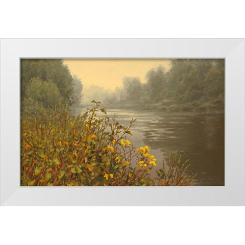Yellow Flowers by the River White Modern Wood Framed Art Print by Adamov, Alexey