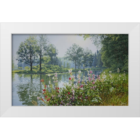 Flowers by the Sea White Modern Wood Framed Art Print by Adamov, Alexey