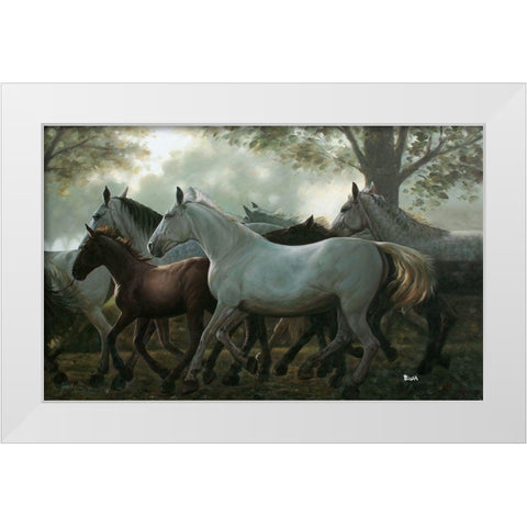 Running Horses White Modern Wood Framed Art Print by Bizon, Vladimir