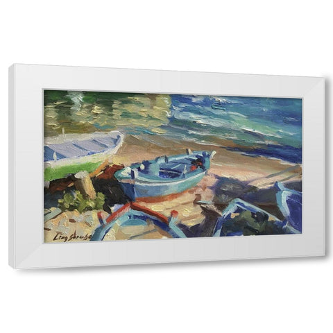 Blue Boat White Modern Wood Framed Art Print by Strube, Ling