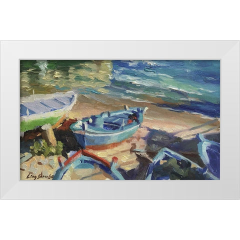 Blue Boat White Modern Wood Framed Art Print by Strube, Ling